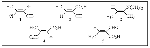 <strong>Which of the following are (Z)isomers? </strong> A) 1 and 5 B) 2 and 5 C) 3 and 5 D) 2 and 3 E) 2,4 and 5
