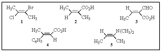 <strong>Which of the following are (E)isomers? </strong> A) 1,3,and 5 B) 2,4,and 5 C) 1,4,and 5 D) 1,2,and 4 E) 2,3,and 4
