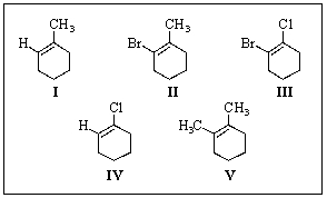 <strong>Which of the following are E isomers? </strong> A) III and V B) II and IV C) I,III,and V D) II and III E) I,II,and IV