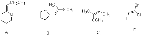 <strong>Label each of the alkenes as either E or Z. </strong> A) A = E,B = Z,C = E,D = Z B) A = Z,B = E,C = Z,D = E C) A = Z,B = E,C = Z,D = Z D) A = E,B = E,C = E,D = E E) None of the above.