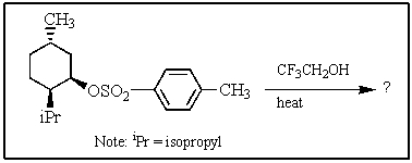 <strong>Heating the 4-methylbenzenesulfonate ester of the isomer shown below in 2,2,2-trifluoroethanol (a highly ionizing solvent of low nucleophilicity)leads two products with the molecular formula C<sub>10</sub>H<sub>18</sub>.The major product displays 9 different signals in its <sup>13</sup>C NMR spectrum.Two of them occur at relatively low field,about <font face=symbol></font> = 120 and 145 ppm,respectively.The <sup>1</sup>H NMR spectrum exhibits a multiplet near <font face=symbol></font> = 5 ppm (1 H); all other signals are upfield of <font face=symbol></font> = 3 ppm.Identify the compound. </strong> A) <sup> </sup> B) C) D) E)