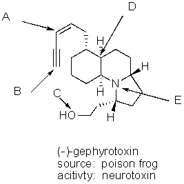 <strong>What is the hybridization of the each of the labeled atoms for the potent neurotoxin (-)-gephyrotoxin? </strong> A) A = sp<sup>2</sup>,B = sp,C = sp<sup>2</sup>,D = sp<sup>3</sup>,E = sp<sup>3</sup> B) A = sp<sup>2</sup>,B = sp,C = sp<sup>3</sup>,D = sp<sup>3</sup>,E = sp<sup>2</sup> C) A = sp<sup>2</sup>,B = sp,C = sp<sup>2</sup>,D = sp<sup>3</sup>,E = sp<sup>2</sup> D) A = sp<sup>2</sup>,B = sp,C = sp<sup>3</sup>,D = sp<sup>3</sup>,E = sp<sup>3</sup> E) A = sp,B = sp,C = sp<sup>3</sup>,D = sp<sup>3</sup>,E = sp<sup>3</sup>
