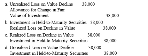 The Plutonium Company has a bond investment classified as held-to-maturity, which has a carrying value of $62,000 and a fair value of $24,000. The decline in value is considered as other than temporary. What entry should Plutonium make to record the decline in value?