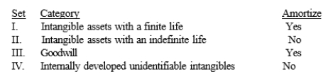 <strong>Which of the following relationships between category of intangibles and amortization is false? </strong> A) Set I B) Set II C) Set III D) Set IV
