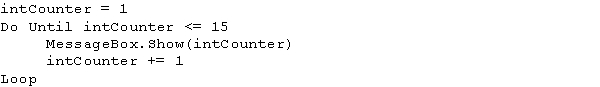 <strong>The following code in a different program is not working properly.The message should display the value of the intCounter variable if the intCounter variable contains a balance that is less than or equal to 15.The message does not display.What mistake did the previous programmer make? </strong> A) The counter is not initialized. B) The While keyword should be used instead of the Until keyword. C) The counter is not incrementing. D) intCounter += 1 should be changed to intCounter = intCounter + 1.