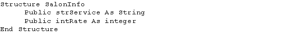 An application contains the Structure statement shown below: Write a Dim statement that declares an eight-element one-dimensional array of SalonInfo variables.Name the array mySalonInfo.Write the code to store the following data in the array: