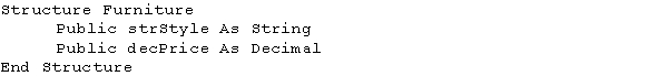 An application contains the Structure statement shown below: Write a Dim statement that declares a Furniture variable named sofas.Then,write assignment statements that assign the value Sectional to the strStyle member,and assign the number 1895.99 to the decPrice member.