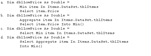The tblItems table contains a numeric field named Price.Which of the following statements finds the lowest price for an item and assigns the result to the dblLowPrice variable?
