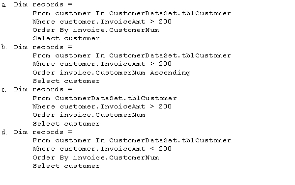 Which of the following statements will select all invoices of $200.00 or more and arrange the invoices in ascending order by Customer number?