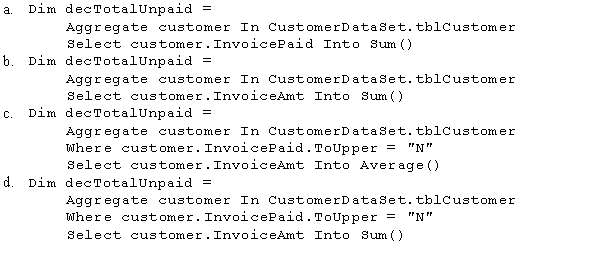 Which of the following statements will calculate a total for all of the unpaid invoices?