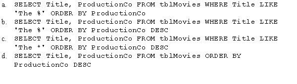 Which of the following statements selects the Title and ProductionCo fields from records whose title begins with the word The followed by a space and zero or more characters,and then sorts the records in descending order by the ProductionCo field?