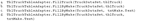 The FillByMake method is associated with a parameter query.Which of the following statements invokes the method and passes the contents of the txtMake control's Text property?