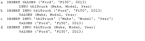 The tblTruck table has two text fields named Make and Model,and one numeric field named Year.Which of the following statements adds the record 2013 Ford F150 to the table?