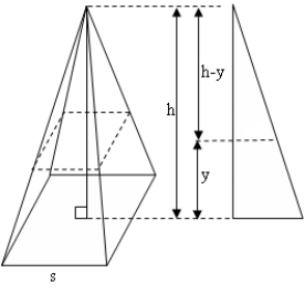 The steeple of a church is constructed in the form of a pyramid 45 feet high. The cross sections are all squares and the base is a square of side 15 feet. Find the volume of the steeple.