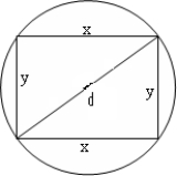 The stiffness of a beam of rectangular cross section is proportional to the product xy<sup>3</sup>. Find the stiffest beam which can be cut from a log with diameter d = 14 inches. See figure on right.