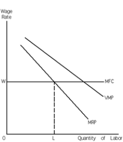 <strong>Exhibit 27-6 Refer to Exhibit 27-6. L and W are the equilibrium quantity of labor employed and the wage rate respectively. A person arguing that a worker is being exploited if she is paid less than the value of her marginal product would say that the exhibit is an illustration of the fact that</strong> A)perfect competition entails labor exploitation. B)monopoly entails labor exploitation. C)monopoly entails no labor exploitation. D)monopsony entails labor exploitation. E)monopsony entails no labor exploitation.