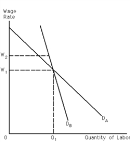 Exhibit 27-9 -Refer to Exhibit 27-9. Let D<sub>A</sub> and D<sub>B</sub> represent demand for labor curves facing unions A and B, respectively. As a result of their efforts, both unions succeed in increasing the wage rate from W<sub>1</sub> to W<sub>2</sub>. In terms of the wage-employment trade-off, the wage increase