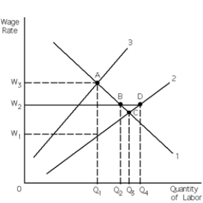 Exhibit 27-11 -Refer to Exhibit 27-11. The firm in the exhibit is a monopsony. We have deliberately not identified the three curves in the exhibit. They are simply curves 1, 2, and 3. If (union) collective bargaining with the monopsony guarantees the wage rate that workers will be paid is W<sub>2</sub>, then the factor supply curve is