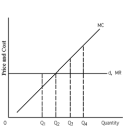 <strong>Exhibit 22-2 Refer to Exhibit 22-2. What quantity of output does the profit-maximizing (or loss-minimizing) firm produce?</strong> A)Q<sub>1</sub>, where marginal cost is less than marginal revenue. B)Q<sub>2</sub>, where marginal cost is equal to marginal revenue. C)Q<sub>3</sub>, where marginal cost is greater than marginal revenue. D)Q<sub>4</sub>, which maximizes the difference between marginal cost and marginal revenue.