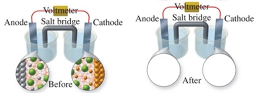The figure shows a molecular-level representation of the following voltaic cell: Fe(s) + Ni<sup>2+</sup>(aq) \rightarrow Fe<sup>2+</sup>(aq) + Ni(s) When drawing the after representation one would note that: