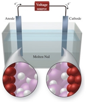 The figure shows the electrolysis of molten NaI.What reaction occurs at the cathode of this cell?