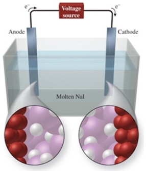 The figure shows the electrolysis of molten NaI.What reaction occurs at the anode of this cell?