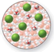 <strong>The image shows a molecular-level representation of part of a solution after HCl is dissolved in water.What best describes this image? (Besides water, there are 6 H<sub>3</sub>O<sup>+</sup> ions and 6 Cl<sup>-</sup> ions present in the solution.) Which of the following best describes HCl? </strong> A)strong acid B)strong base C)weak acid D)weak base E)amphoteric