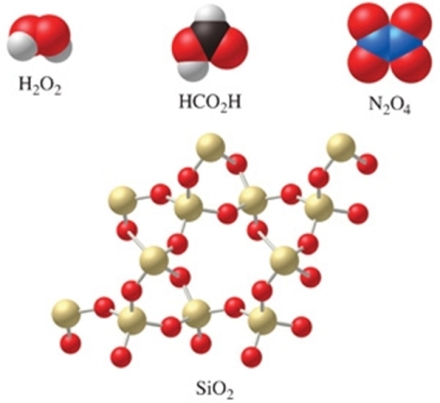 <strong>Which of the molecules in the figure have an empirical formula that is different from their molecular formula? </strong> A)H<sub>2</sub>O<sub>2,</sub> N<sub>2</sub>O<sub>4, </sub>and HCO<sub>2</sub>H B)SiO<sub>2</sub><sub> </sub> C)H<sub>2</sub>O<sub>2</sub> and N<sub>2</sub>O<sub>4</sub><sub> </sub> D)all of the compounds E)none of the compounds