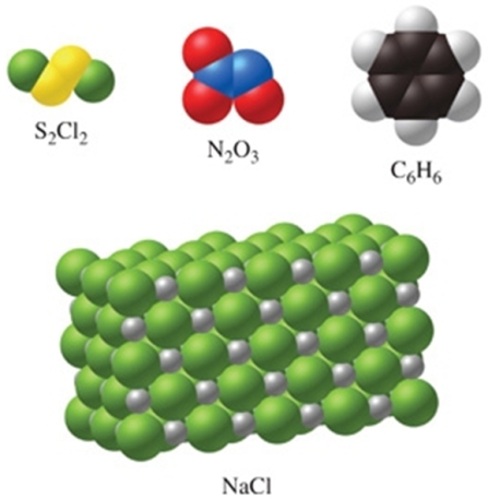 <strong>Which of the substances in the figure have the same empirical and molecular formulas? </strong> A)S<sub>2</sub>Cl<sub>2</sub> and C<sub>6</sub>H<sub>6</sub><sub> </sub> B)none of the substances C)all of the substances D)N<sub>2</sub>O<sub>3</sub> and NaCl E)N<sub>2</sub>O<sub>3</sub> only