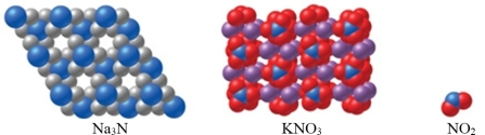 <strong>Which of the substance(s) shown in the figure is molecular? </strong> A)Na<sub>3</sub>N B)KNO<sub>3</sub><sub> </sub> C)NO<sub>2</sub><sub> </sub> D)Both Na<sub>3</sub>N and KNO<sub>3</sub><sub> </sub> E)Both KNO<sub>3</sub> and NO<sub>2</sub><sub> </sub>