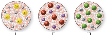 <strong>The images in the figure represent aqueous solutions of ionic compounds.Which could correspond to BaCl<sub>2</sub>? </strong> A)I only B)II only C)III only D)I and III E)II and III