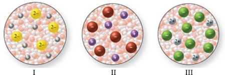 <strong>The images in the figure represent aqueous solutions of ionic compounds.Which could correspond to Na<sub>2</sub>S? </strong> A)I only B)II only C)III only D)I and III E)II and III