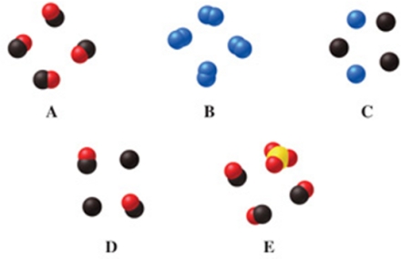 <strong>Which image(s) in the figure represents a mixture of compounds? </strong> A)image A B)images A and E C)image C D)image D E)image E