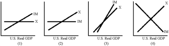 Figure 20-1 -Which of the graphs in Figure 20-1 best illustrates the behavior of exports and imports in relation to U.S.real GDP?