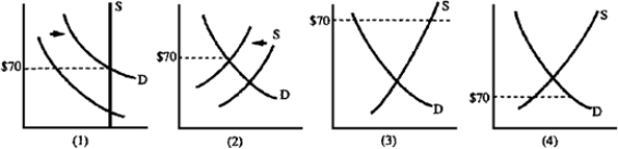 Figure 4-22 -Because of falling oil prices in the past,Libya could afford fewer imported goods.Government controls were established to limit imports of cigarettes.In 1985,the market price of Marlboros rose to $70 a carton.Which graph in Figure 4-22 best depicts this situation?