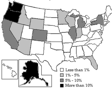 A newly formed political party has taken a poll in each state to determine voter support. Use the results summarized in the graphic to answer the question. -Do there appear to be an significant regional differences?