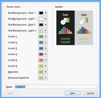 The dialog box shown in the accompanying figure is the Create New Theme Colors dialog box.
