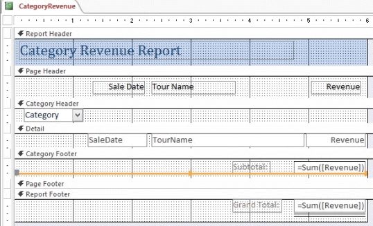 Kelsey uses Access to track the sales by category for each tour.Referring to the accompanying figure,what is the name of the field she should use in an expression to total the sales?