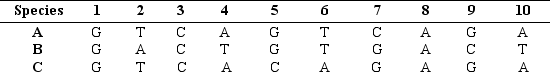 <strong>Consider the following amino acid sequence for three different species, A, B, and C. Each number is a different amino acid. The letter in each cell depicts the nitrogenous base that is associated with each amino acid. Which two species are most closely related based on this part of the genome? Amino Acid </strong> A) Species A and C are most closely related. B) Species A and B are most closely related. C) Species B and C are most closely related. D) All three species are equally related.