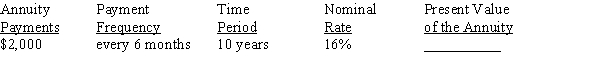 Use Table 12-2 from your text to calculate the present value of the ordinary annuity, rounding to the nearest cent.