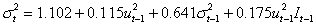 <strong>Assume that you have estimated a GJR model of monthly stock returns and you obtain the following equations: Suppose that , what would be the fitted conditional variance for time t if and then if ? </strong> A) 1.62 and 1.67, respectively B) 1.64 and 1.59, respectively C) 1.59 and 1.64, respectively D) 1.67 and 1.62, respectively