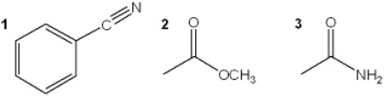 <strong>What is the correct assignment of the functional groups in the following compounds? </strong> A) 1 = amide; 2 = ester; 3 = nitrile B) 1 = nitrile; 2 = ester; 3 = imide C) 1 = nitrile; 2 = ester; 3 = amide D) 1 = amide; 2 = carboxylic acid; 3 = imide