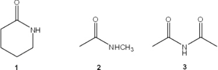 <strong>What is the correct assignment of the functional groups in the following compounds? </strong> A) 1 = amide; 2 = imide; 3 = nitrile B) 1 = lactam; 2 = amide; 3 = imide C) 1 = lactam; 2 = imide; 3 = amide D) 1 = imide; 2 = amide; 3 = lactam