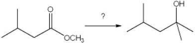 <strong>What is the best choice of reagent(s) to achieve the following transformation? </strong> A) 1. LiAlH<sub>4</sub>; 2. H<sub>3</sub>O<sup>+</sup> B) 1. 2 eq. CH<sub>3</sub>MgBr; 2. H<sub>3</sub>O<sup>+</sup> C) 1. (CH<sub>3</sub>)<sub>2</sub>CuLi; 2. H<sub>3</sub>O<sup>+</sup> D) 1. 2 eq. CH<sub>3</sub>I