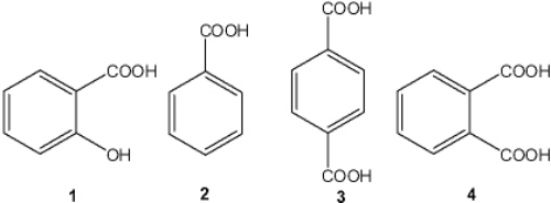 <strong>What is the correct assignment of the names of the following substituted benzenes? </strong> A) 1 = salicylic acid; 2 = benzoic acid; 3 = terephthalic acid; 4 = phthalic acid B) 1 = terephthalic acid; 2 = salicylic acid; 3 = benzoic acid; 4 = phthalic acid C) 1 = salicylic acid; 2 = terephthalic acid; 3 = phthalic acid; 4 = benzoic acid D) 1 = phthalic acid; 2 = benzoic acid; 3 = terephthalic acid; 4 = salicylic acid
