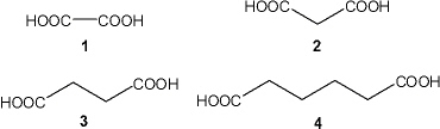 <strong>What is the correct assignment of the names of the following substituted benzenes? </strong> A) 1 = succinic acid; 2 = oxalic acid; 3 = malonic acid; 4 = adipic acid B) 1 = oxalic acid; 2 = malonic acid; 3 = succinic acid; 4 = adipic acid C) 1 = oxalic acid; 2 = succinic acid; 3 = adipic acid; 4 = malonic acid D) 1 = adipic acid; 2 = malonic acid; 3 = succinic acid; 4 = oxalic acid