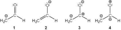 <strong>Which of the following resonance structures makes the largest contribution to the structure of [H<sub>2</sub>CCHO]<sup> -</sup>?  </strong> A) 1 B) 2 C) 3 D) 4 <div style=padding-top: 35px> 