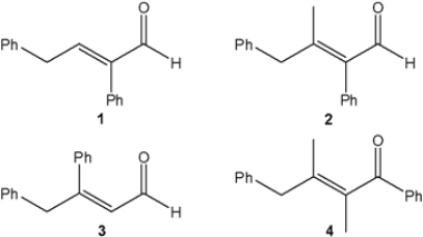 <strong>Which of the following compounds can be prepared by an aldol condensation by treating a single carbonyl compound with base? </strong> A) 1 B) 2 C) 3 D) 4