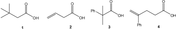 <strong>Which of the following carboxylic acids can be made via a malonate ester synthesis? </strong> A) 1 B) 2 C) 3 D) 4