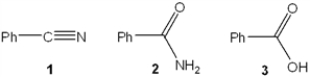<strong>What is the correct assignment of the names of the following substituted benzenes? </strong> A) 1 = benzonitrile; 2 = benzyl amine; 3 = benzyl alcohol B) 1 = benzyl amine; 2 = benzonitrile; 3 = benzamide C) 1 = benzamide; 2 = benzonitrile; 3 = benzoic acid D) 1 = benzonitrile; 2 = benzamide; 3 = benzoic acid